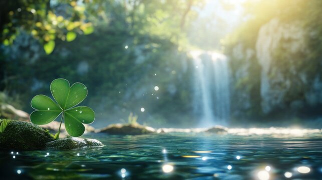 Lush waterfall scene with a vibrant cloverleaf.