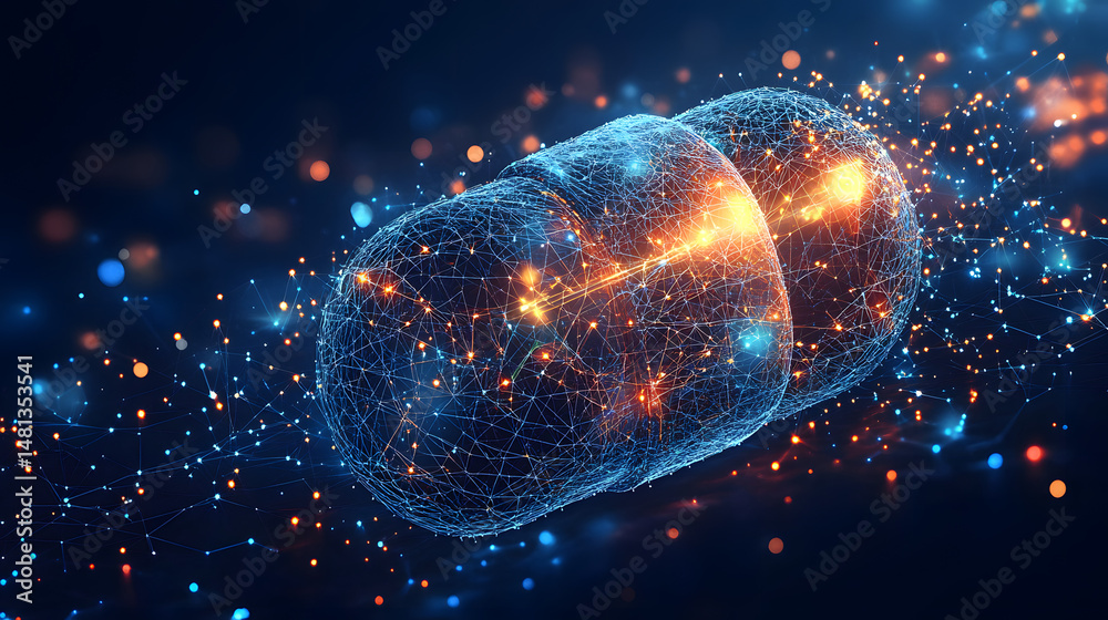 Aufkleber Futuristic capsule with glowing nodes and interconnected lines against a dark background. A dynamic network effect conveys connectivity and innovation. Abstract wireframe in dark blue.