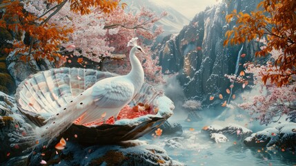 Majestic white peacock in a mythical shell by a stream