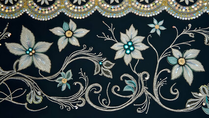 Elegant Teal Canvas Adorned with Intricate Silver Floral Embroidery and Golden Beaded Borders