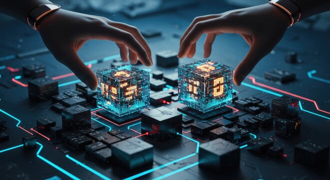 Two hands manipulate glowing cubes
