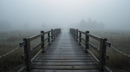 Obraz premium Wooden Bridge Receding into Foggy Landscape