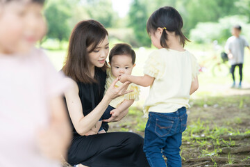 公園でどんぐり拾いをする子供たち