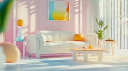 Modern living room interior with white sofa, pink walls, abstract art and sunlit ambiance