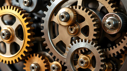Detailed close up of machine gears meshing together illustrating complex mechanical systems