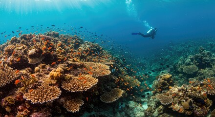 Fototapeta premium Underwater coral reef scene with diver