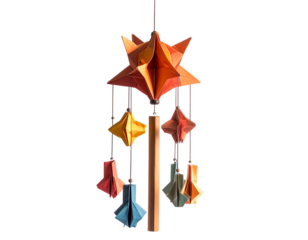 Colorful Origami Mobile Hanging Against Black Background