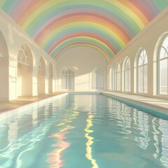 Pastel indoor pool with rainbow ceiling
