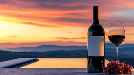 Blank label in red wine bottle with on a modern terrace and sunset 