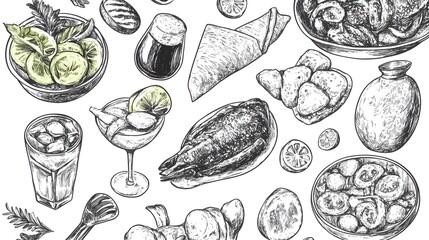 Diverse food illustrations in vintage style.