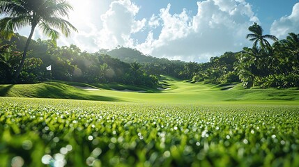 Low angle sports photography of golf swing in lush tropical environment