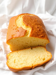 Freshly Baked Golden Bread Loaf Sliced on White Cloth Background