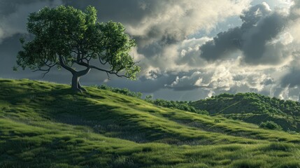 Lush green hilltop with single tree under dramatic sky.  Gentle slope, vibrant foliage, and a solitary tree standing tall against a backdrop of dramatic clouds and rolling hills