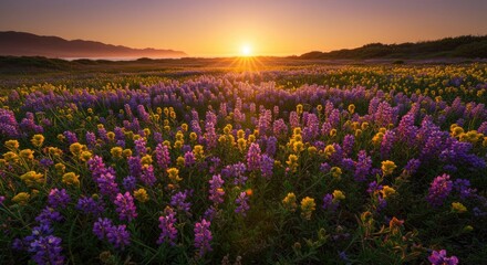 Obraz premium Vibrant wildflowers field at sunset. Golden sun rays through vibrant purple and yellow blossoms