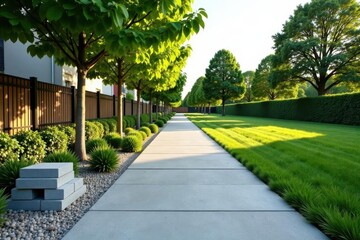 Obraz premium Serene Pathway Through a Landscaped Residential Area with Lush Greenery and a Modern Fence