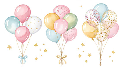 Three sets of balloons with stars and ribbons. The balloons are in different colors and sizes. The balloons are floating in the air