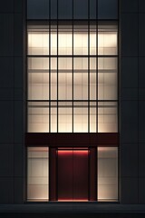 Modern architectural facade at night.  Lit windows, red door