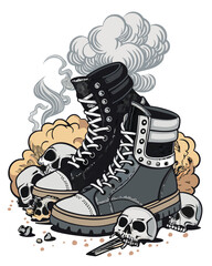 A pair of worn biker boots menacingly crushes several human skulls, surrounded by decaying foliage and ominous shadows.