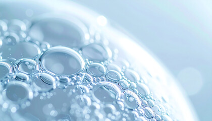 Close-up of water bubbles showing reflections and light, creating an abstract, serene, and refreshing visual effect