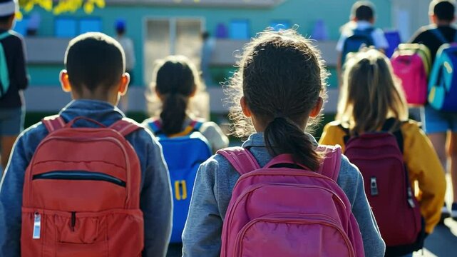 Day in School: A diverse group of students, laden with backpacks, walk away after school, capturing a moment of shared experience and youthful energy.