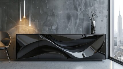 Modern black cabinet with city view