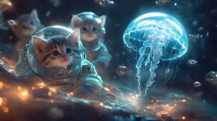 Cute kittens in space suits exploring with jellyfish underwater fantasy wallpaper background art design