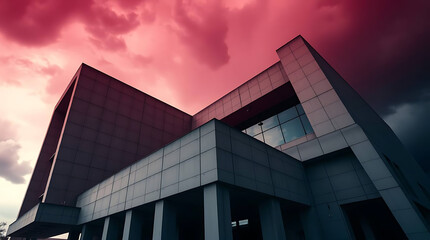 Obraz premium A futuristic brutalist art institute built in the 1980s, featuring massive cantilevered concrete blocks and angular overhangs. generative ai