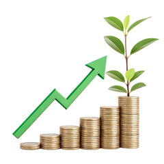 A green arrow pointing upward is above a stack of gold coins