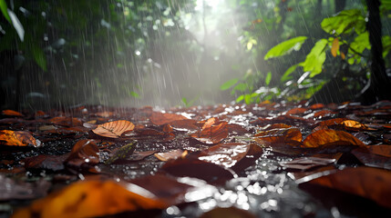 Obraz premium A rainforest floor after a rainstorm, filled with frogs and damp leaves glistening in the mist. [Skyroot Canopy] | Cloudvine Growth | mist leaves. Illustration