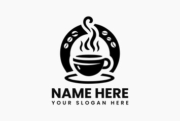 Elegant black and white vector illustration of coffee cup with steam swirls and bean leaves. Cafe logo concept  