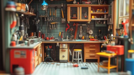 Miniature workshop with tools and equipment
