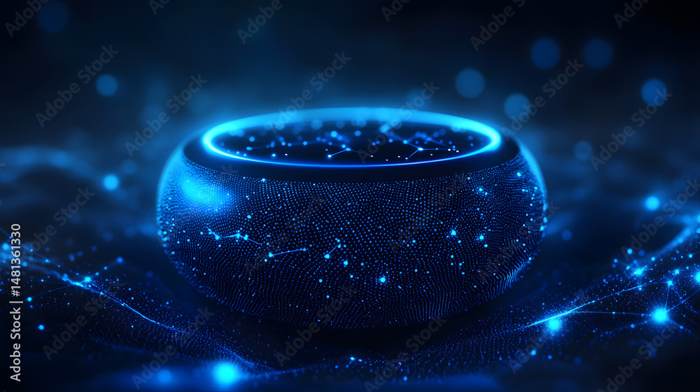 Fototapete Futuristic speaker emitting ethereal blue light. A mesmerizing display of technology and innovation, ideal for conveying advanced digital networks. Abstract wireframe in dark blue.
