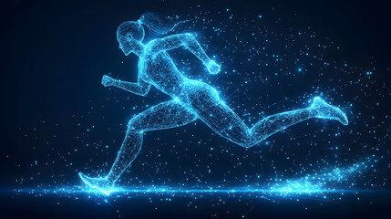 Dynamic blue wireframe woman sprinting. Futuristic digital design with glowing particles against a dark background. Captures energy and motion. Abstract wireframe in dark blue.