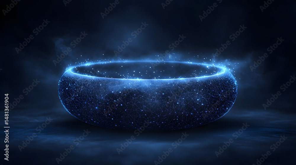 Fototapete Futuristic, glowing ring with interconnected blue nodes in a dark blue setting. Evokes innovation and technology. Perfect for backgrounds and tech-related designs. Abstract wireframe in dark blue.