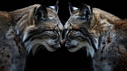 Close-up of two bobcats, faces touching
