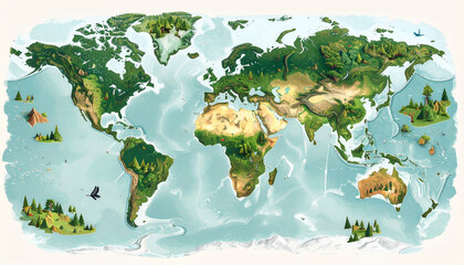 A fictional world map that uses environmental features such as forests, wildlife, deserts, and resources on different countries.