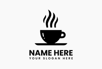 Stylized coffee cup logo with rising steam and coffee bean leaf decoration in monochrome vector art  