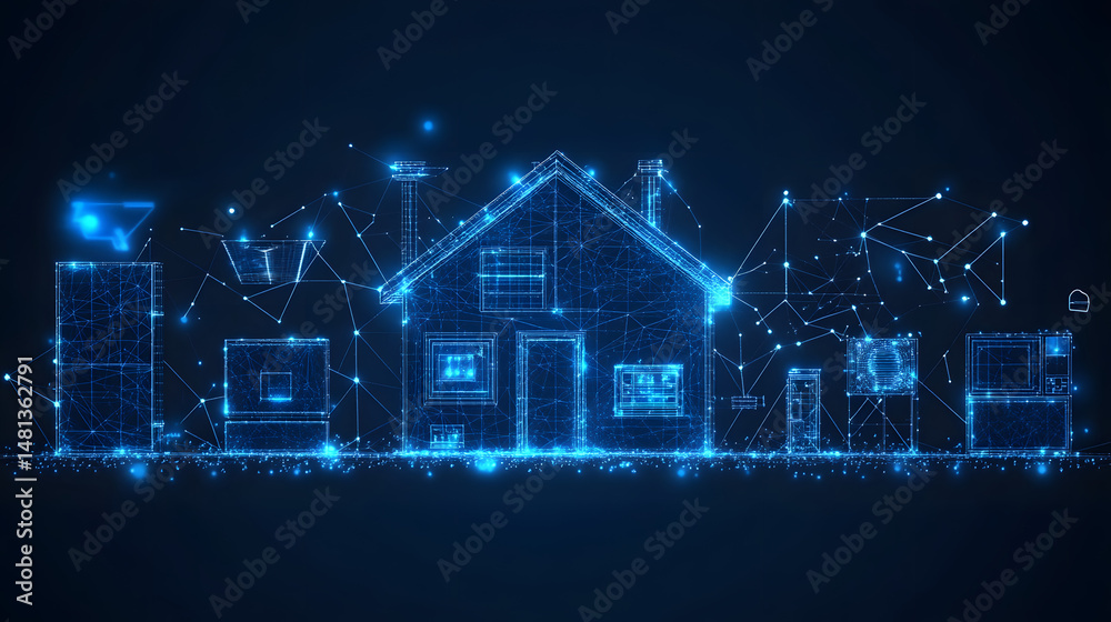 Leinwandbilder futuristic smart home concept with interconnected devices visualized in bright blue wireframe agains