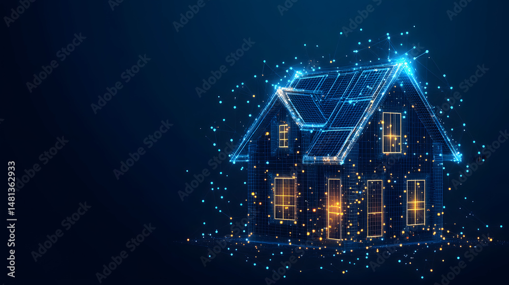 Aufkleber futuristic house design with a glowing blue grid showcasing interconnected dots, windows, and a gabl