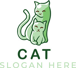 Mother and Kitten Cartoon Vector – Cute Bright Green Cat Family Illustration