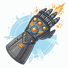 A powerful glowing gauntlet, imbued with vibrant elemental energy, crackling with arcane power; intricate details, sharp focus.