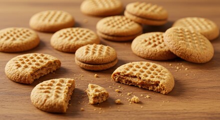 Delicious golden brown cookies arranged beautifully on a wooden surface, showcasing different shapes and textures with perfect crumbs around.