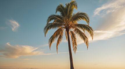 Fototapeta premium tropical setting with palm tree on green field under blue sunny sky peaceful relaxing summer landscape view plant photo for botanical wallpaper background