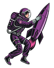 A rebellious punk astronaut, mohawk ablaze, grips a retro-futuristic rocket amidst the cosmic expanse of deep space.  Intense, dramatic lighting.