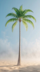 Obraz premium blue sky backdrop with palm tree on open grassy field tropical scenery natural photo outdoor peaceful mood plant photo for botanical wallpaper background