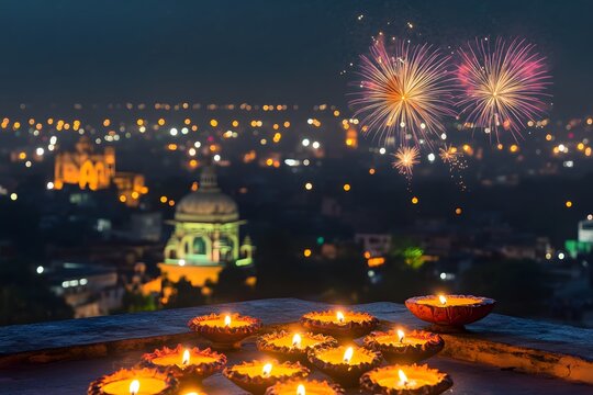 Burning oil lamps illuminate the night sky with fireworks over an indian city during diwali celebrations