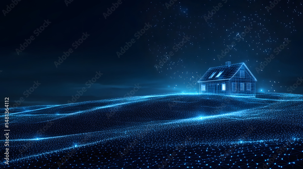 Leinwandbilder futuristic home concept in a digital world. wireframe house glows atop a network terrain under a sta