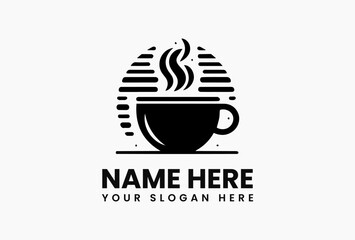 Stylized coffee cup logo with rising steam and coffee bean leaf decoration in monochrome vector art  