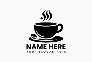 Stylized coffee cup logo with rising steam and coffee bean leaf decoration in monochrome vector art  