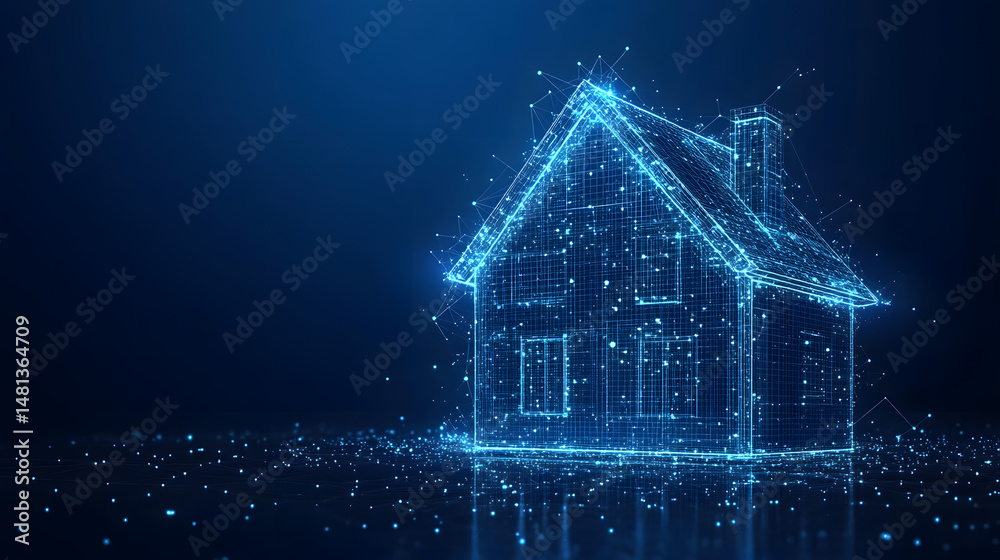 Aufkleber futuristic smart home concept with a glowing blue wireframe house on a digital grid. represents inno